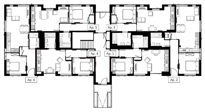 Floorplan of a Bailey House storey, showing apartments one to six
